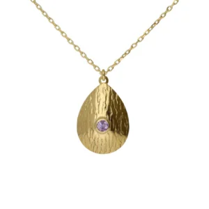 Collar corto en forma de gota con cristal violeta en plata de ley con baño de oro 18k