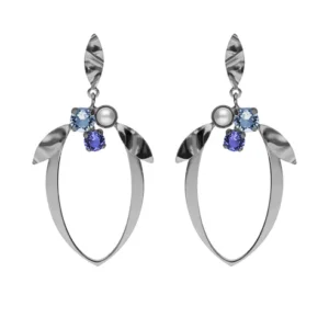Pendientes largos en forma de hoja con cristales azules y perlas en plata de ley con baño de rodio