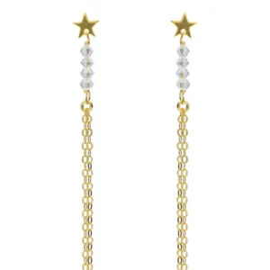 Pendientes largos estrella con cadenas y cristales en plata de ley con baño de oro 18k