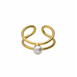 Anillo ajustable con perla en plata de ley con baño de oro 18K