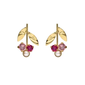 Pendientes cortos en forma de flor con cristales rosas y perlas en plata de ley con baño de oro 18K