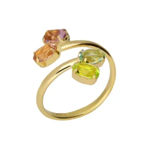 Anillo ajustable diseño espiral con cristales de colores en plata de ley con baño de oro 18K