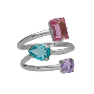 Anillo ajustable triple con cristales de colores en plata de ley con baño de rodio