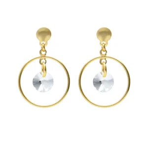 Pendientes cortos circulo con cristal blanco en plata de ley con baño de oro 18k