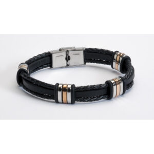 Pulsera de caballero en acero y piel color negro