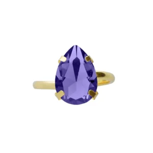 Anillo ajustable con cristal color tanzanita con forma de lágrima en plata de ley con baño de oro 18k