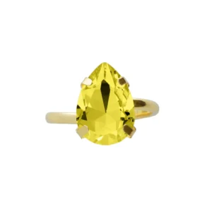 Anillo ajustable con cristal color amarillo con forma de lágrima en plata de ley con baño de oro 18k