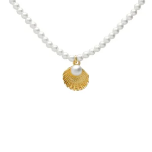 Collar corto de perlas con motivo en forma de concha en plata de ley con baño de oro 18k