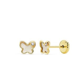 Pendientes de bebé diseño mariposa con nácar y dos circonitas, cierre a rosca en oro de ley 18k