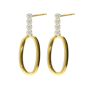 Pendientes cortos diseño oval con cristales en riviere en plata de ley con baño de oro 18k