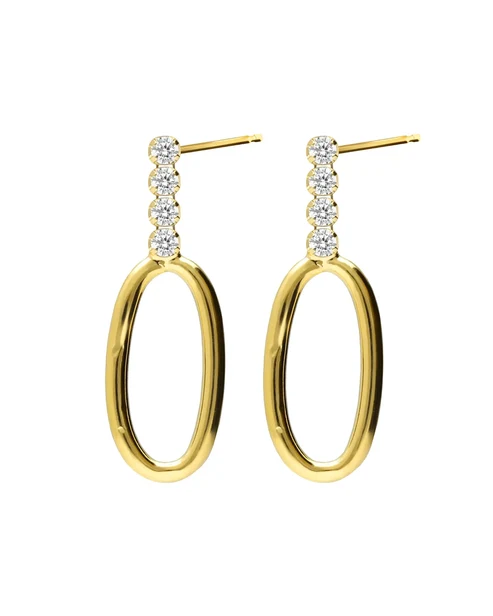 Pendientes cortos diseño oval con cristales en riviere en plata de ley con baño de oro 18k