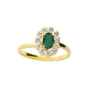 Anillo rosetón con cristal color esmeralda en plata de ley con baño de oro 18k