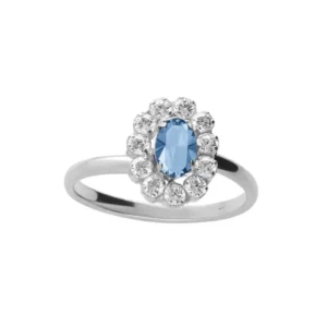 Anillo rosetón con cristal color agua marina en plata de ley con baño de rodio