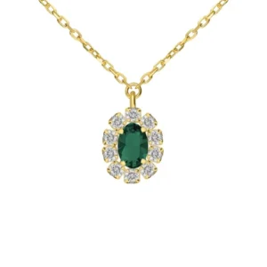 Collar corto rosetón con cristal color esmeralda en plata de ley con baño de oro 18k
