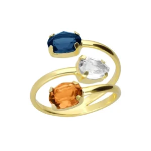 Anillo ajustable diseño en espiral con cristales de colores en plata de ley con baño de oro 18k