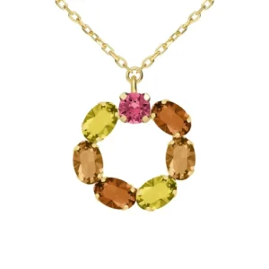Collar corto diseño en círculo con cristales de colores en plata de ley con baño de oro 18k