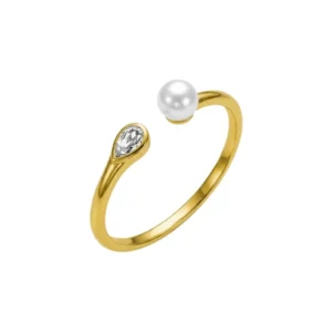 Anillo ajustable con perla cultivada y cristal color blanco en plata de ley con baño de oro 18k