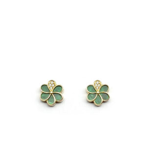 Pendientes diseño flor con piedra malaquita verde y circonitas en oro de ley 18k