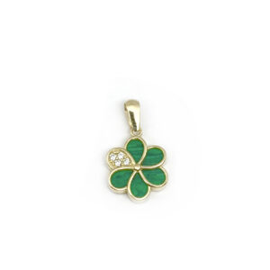 Colgante diseño flor con piedra malaquita verde y circonitas en oro de ley 18k