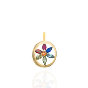 Colgante con forma de flor y circonitas de colores en oro de ley 18k