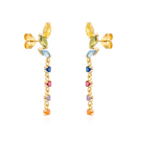 Pendientes de diseño trepador en la oreja y cuelga un poco con circonitas de colores en oro de ley 18k