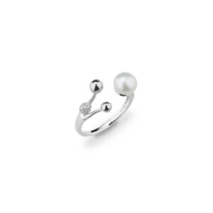 Anillo abierto diseño caracol con perla cultivada y circonitas en plata de ley con baño de rodio