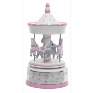 Carrousel musical con caballitos de madera y estrellas en color rosa