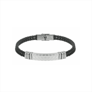 Pulsera diseño rombos y trenzado doble en piel color negro con cierre de acero