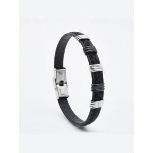 Pulsera diseño trenzado en piel color negro y acero